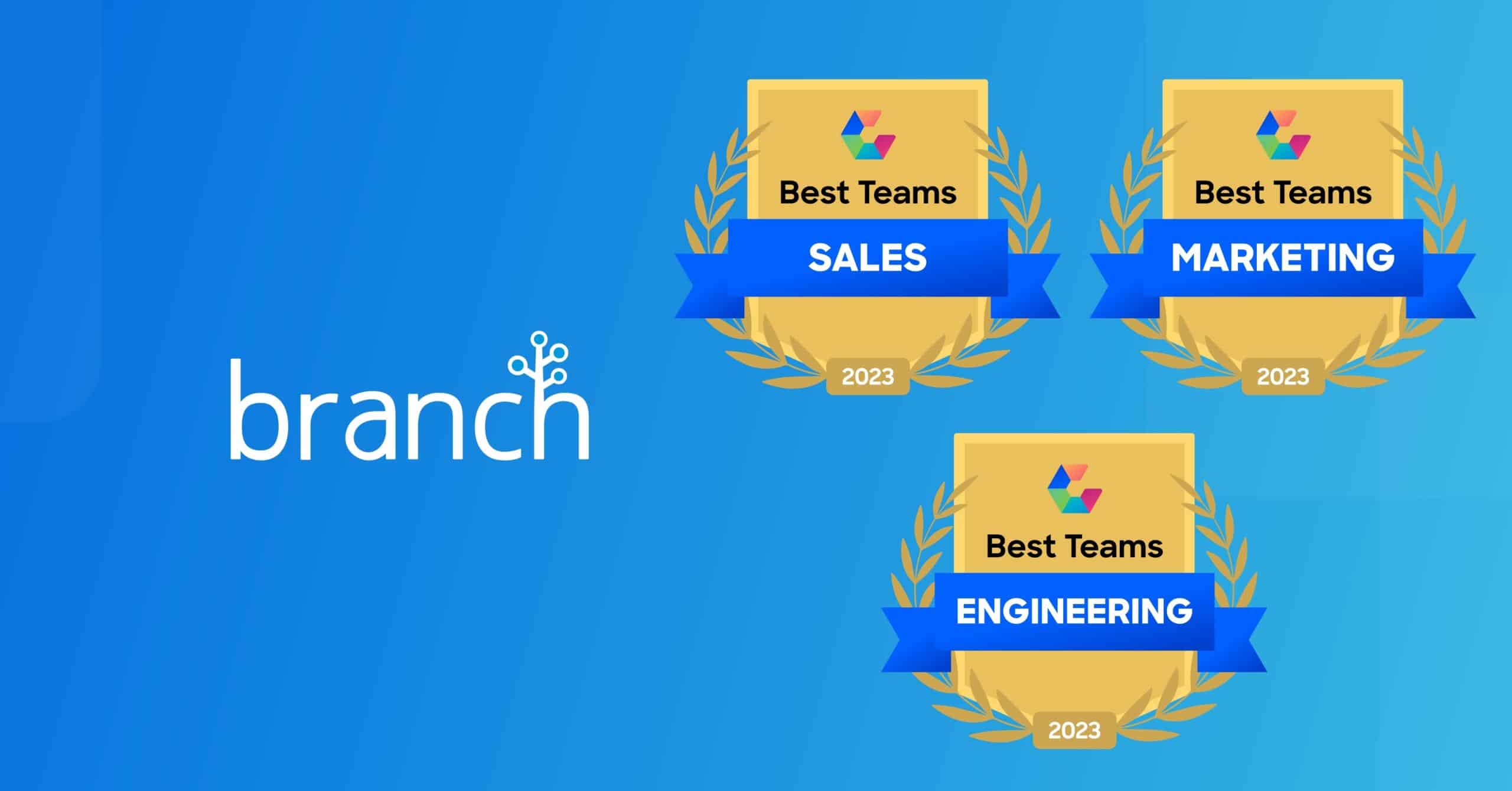 Logo "branch" with three award plaques for best sales, marketing, and engineering teams of 2023.