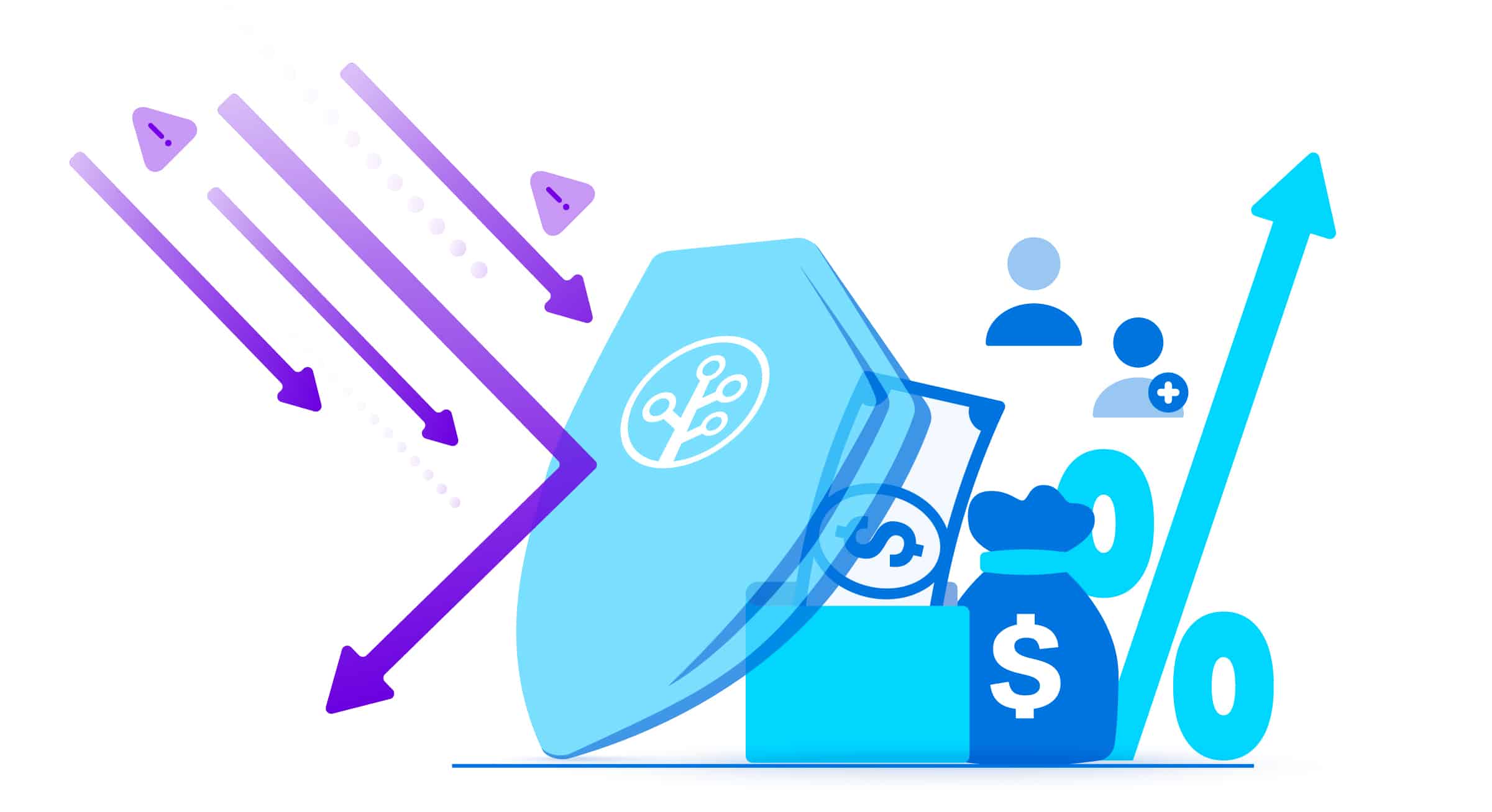 Graphic illustrating financial growth and security, featuring symbols of money, protection, and user engagement metrics.