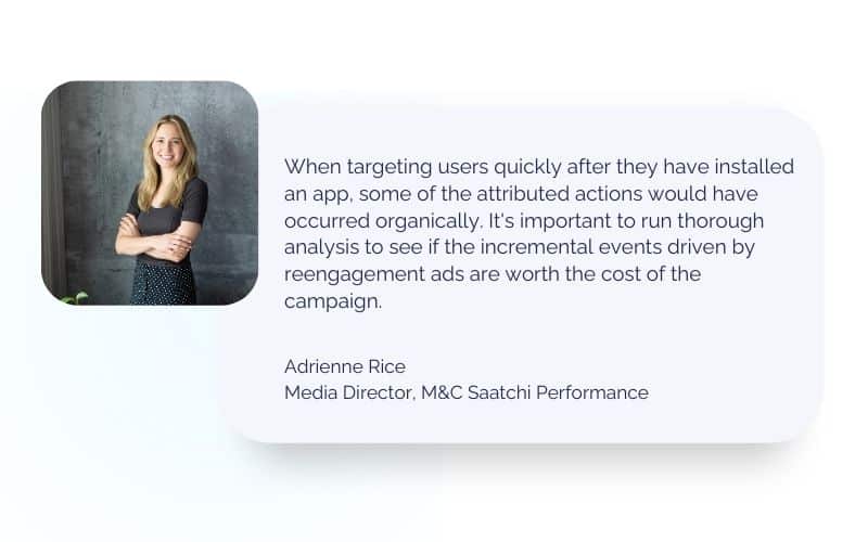 A woman with light hair stands with her arms crossed. The text discusses analyzing user engagement in app campaigns.