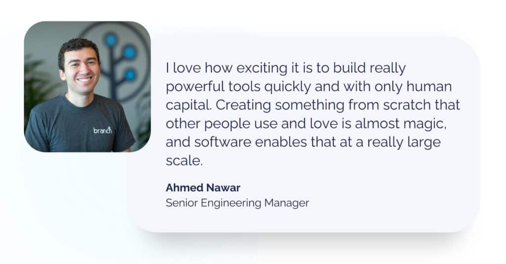 A professional man in a black Branch t-shirt shares his passion for building powerful tools and software at scale, emphasizing creativity.