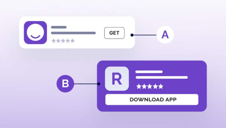Graphical user interface mock-up with two button elements labeled "GET" and "DOWNLOAD APP."