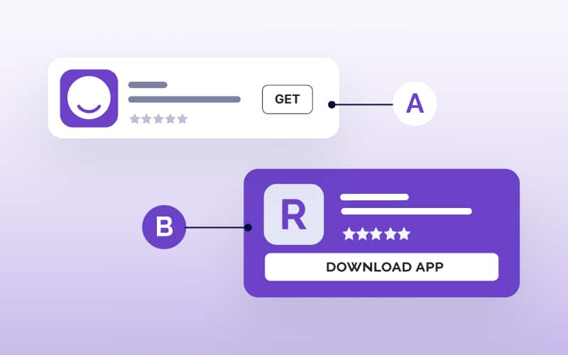 Graphical user interface mock-up with two button elements labeled "GET" and "DOWNLOAD APP."