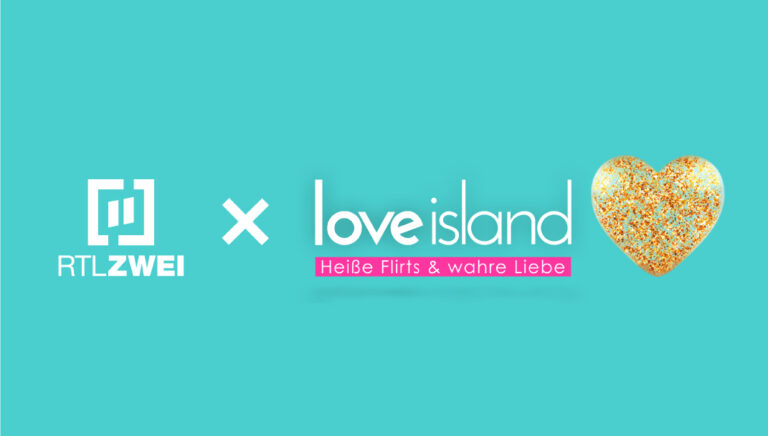 Logo of RTLZWEI next to Love Island logo with the tagline "Heiße Flirts & wahre Liebe" and a glittery heart on teal background.