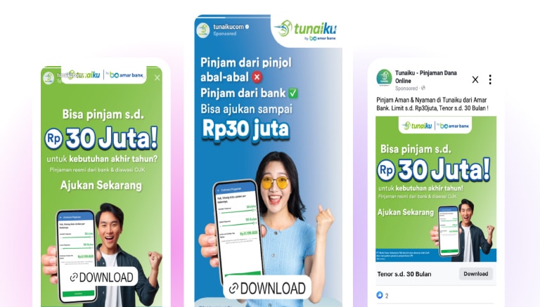 Three images of Tunaiku digital ads with deep-linked CTAs to download the Tunaiku app. 