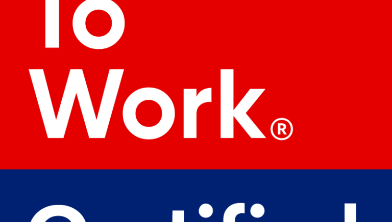 Logo with the text "to Work" on a red background