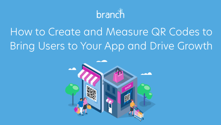 Isometric illustration of a store with QR codes, and text about creating and measuring QR codes for apps.