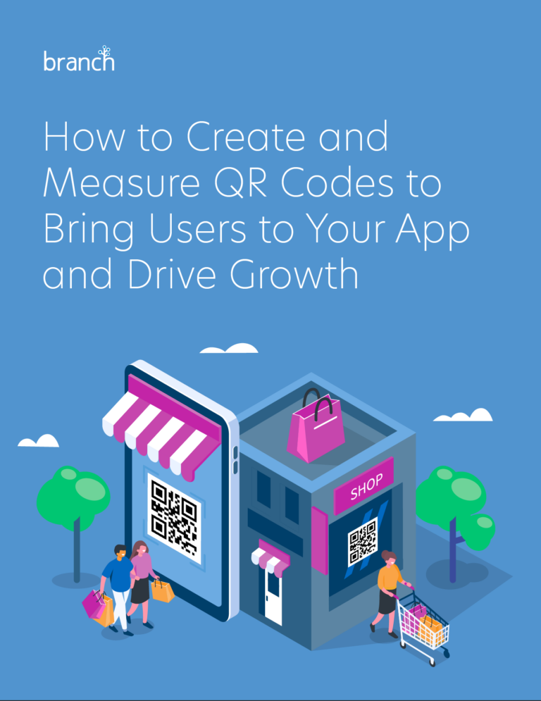 Illustration of a mobile device and store with QR codes for app marketing.