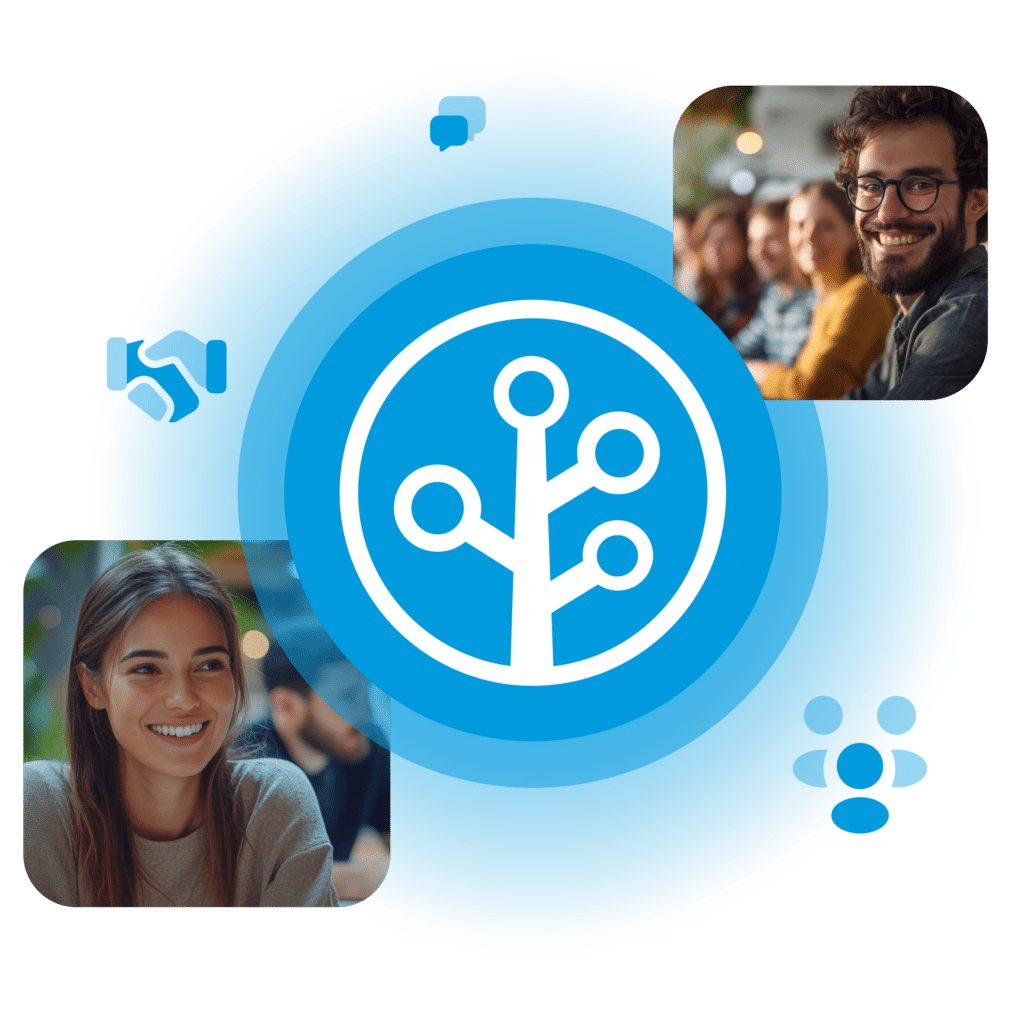 A digital graphic featuring a stylized tree icon surrounded by abstract figures and conversation bubbles, symbolizing community and connection.