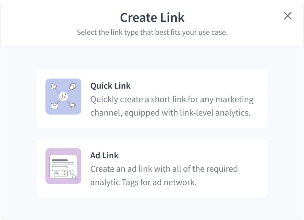 Interface for creating links with options for 