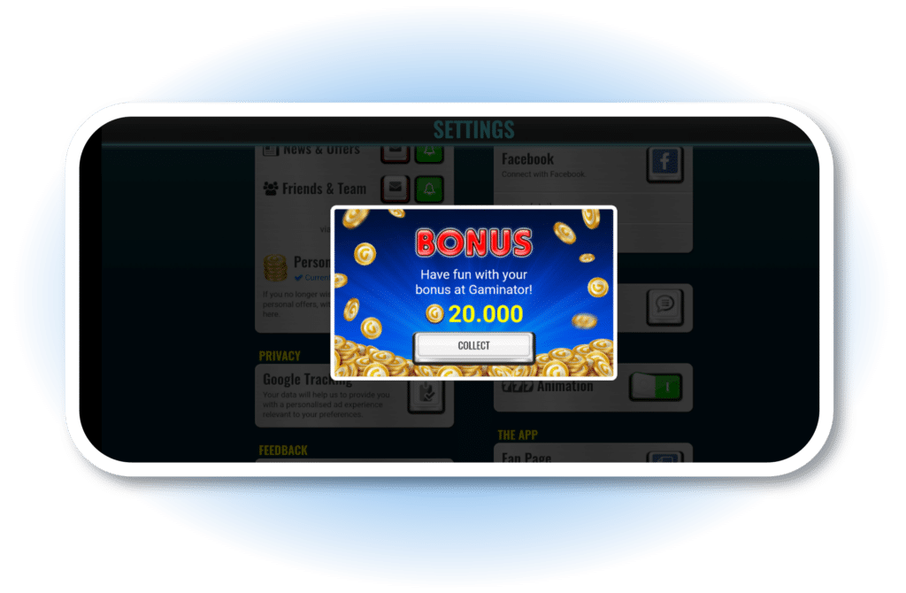 A pop-up window reads "BONUS: Have fun with your bonus at Gaminator!" with an option to collect 20,000 tokens.