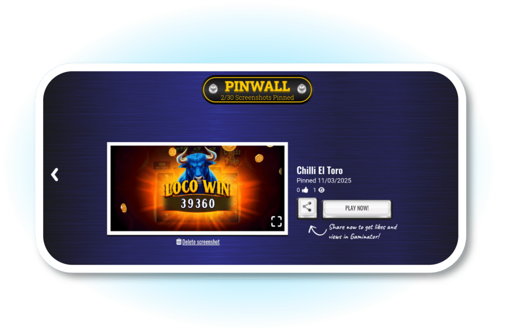 A screenshot of a window titled "Pinwall" that shows a smaller screenshot of a bull with text "Loco Win" and a score of 39,360. There's a button to "Share now to get likes and views in Gaminator!" or to "Play Now!"