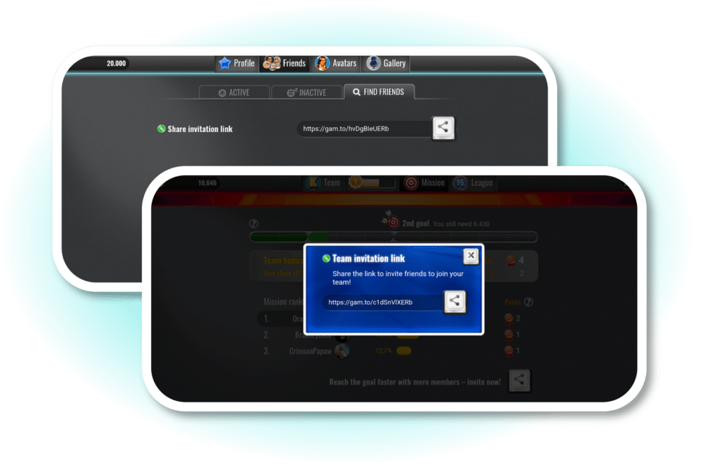 A screenshot of a gaming platform in the "Find Friends" tab, with the option to "share invitation link." And another screenshot of a pop-up window that reads "Team invitation link: Share the link to invite friends to join your team!" with a link and a share button.