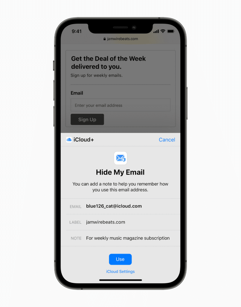iPhone showing iCloud+ Hide My Email feature