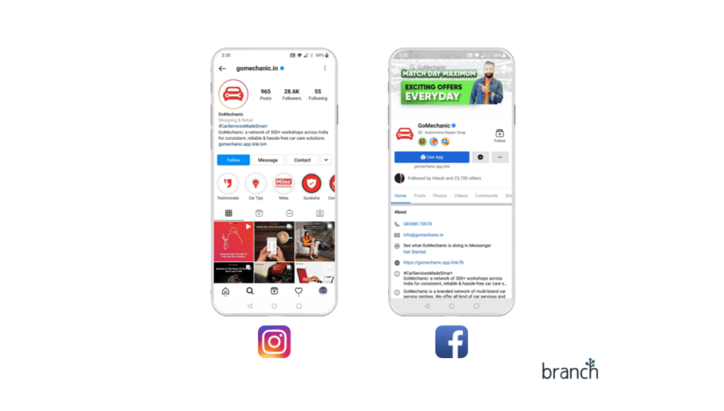 Example of how GoMechanic uses Branch deep links on social media platforms 