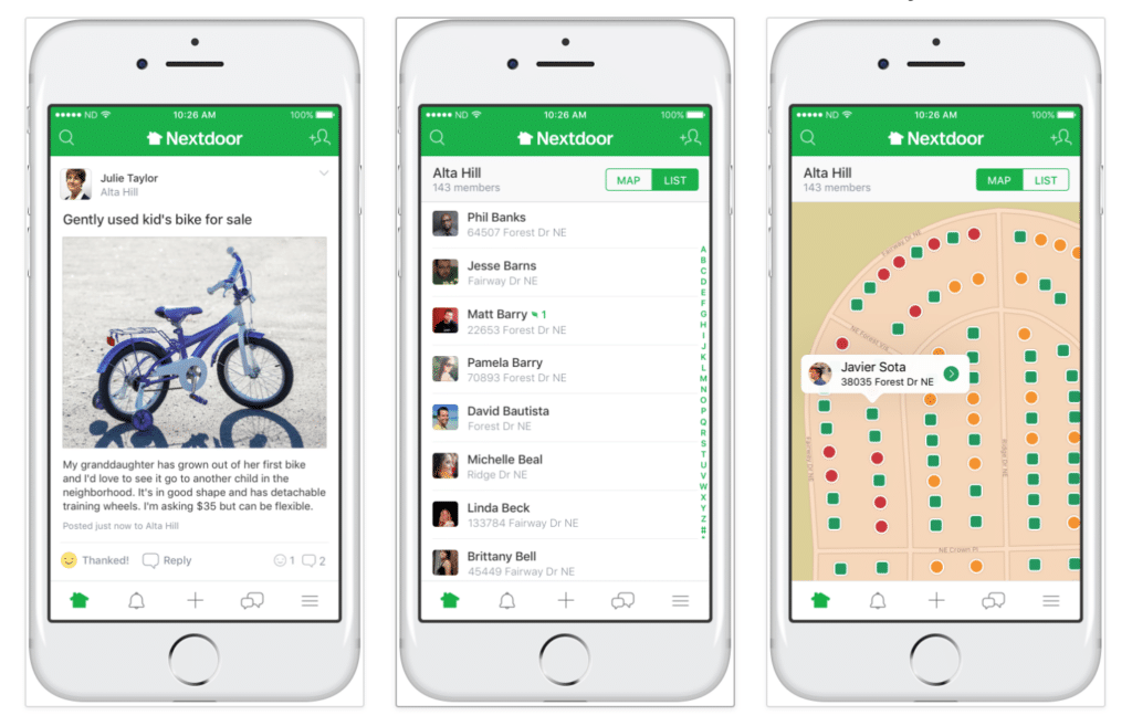 Three smartphone screens showcasing the Nextdoor app: a bike for sale post, a member list, and a neighborhood map with members' locations marked.