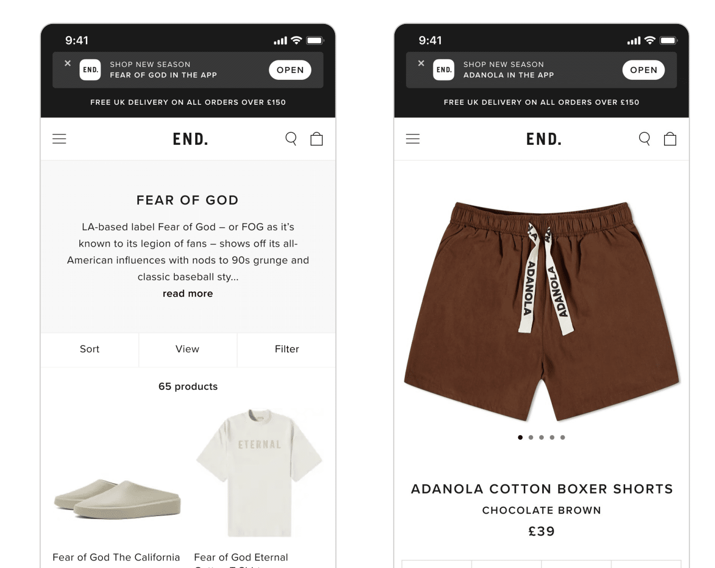 Screenshots of END.'s Fear of God and Adanola product pages.
