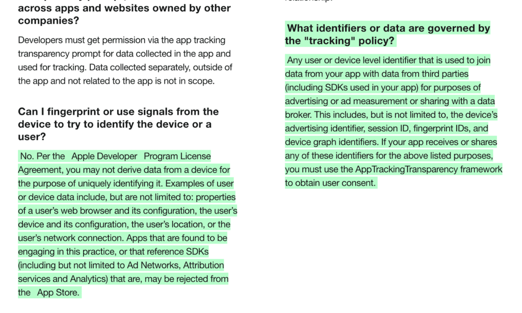 Text outlining Apple's app tracking policy, highlighting data collection rules and user consent requirements for developers.