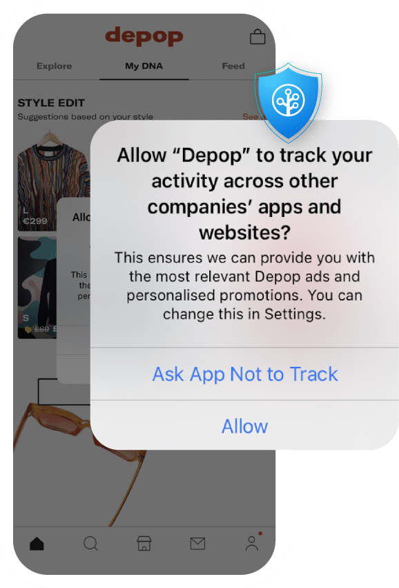 A Depop app notification prompts users to allow tracking for personalized ads, with options to
