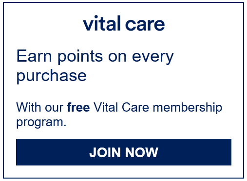 Promotional ad for a free Vital Care membership program offering points on purchases, with a "Join Now" button.