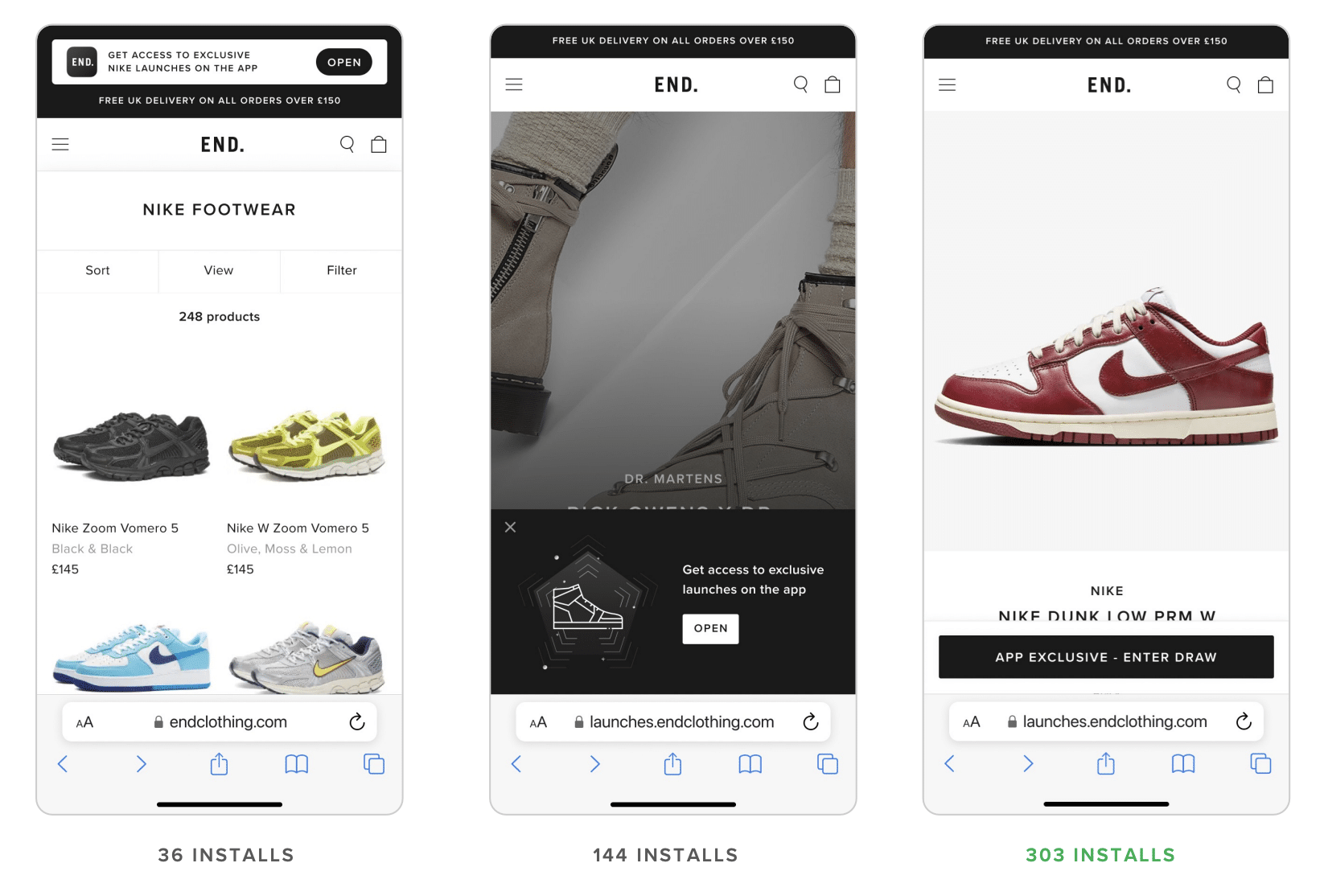 Three screenshots of END.'s Nike footwear pages.