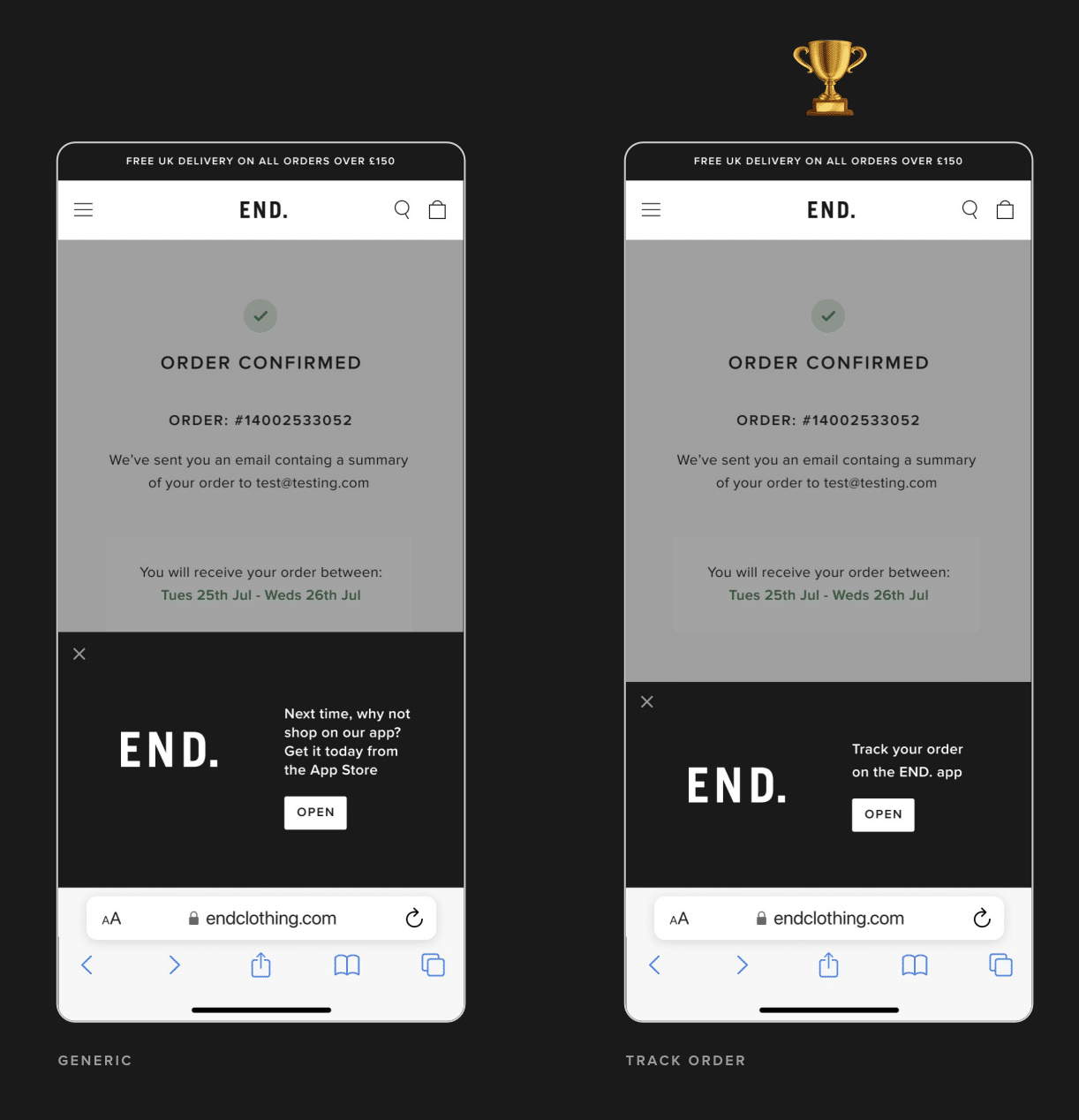 Two screenshots of END. post-purchase banners. A trophy appears above the banner that says, "Track your order on the END. app."