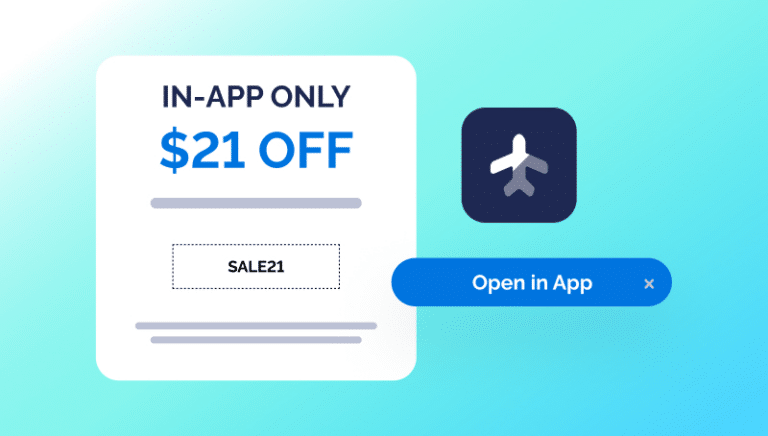 Ad graphic for $21 off in-app purchase with a promo code "SALE21" and an "Open in App" button.