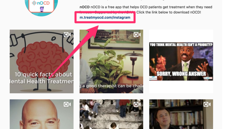 An Instagram post promoting the nOCD app with graphics about mental health treatment and a link to download the app.