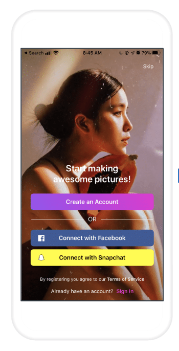 Mobile app sign-up screen with background image of a woman, offering options to create an account, connect with Facebook, or connect with Snapchat.