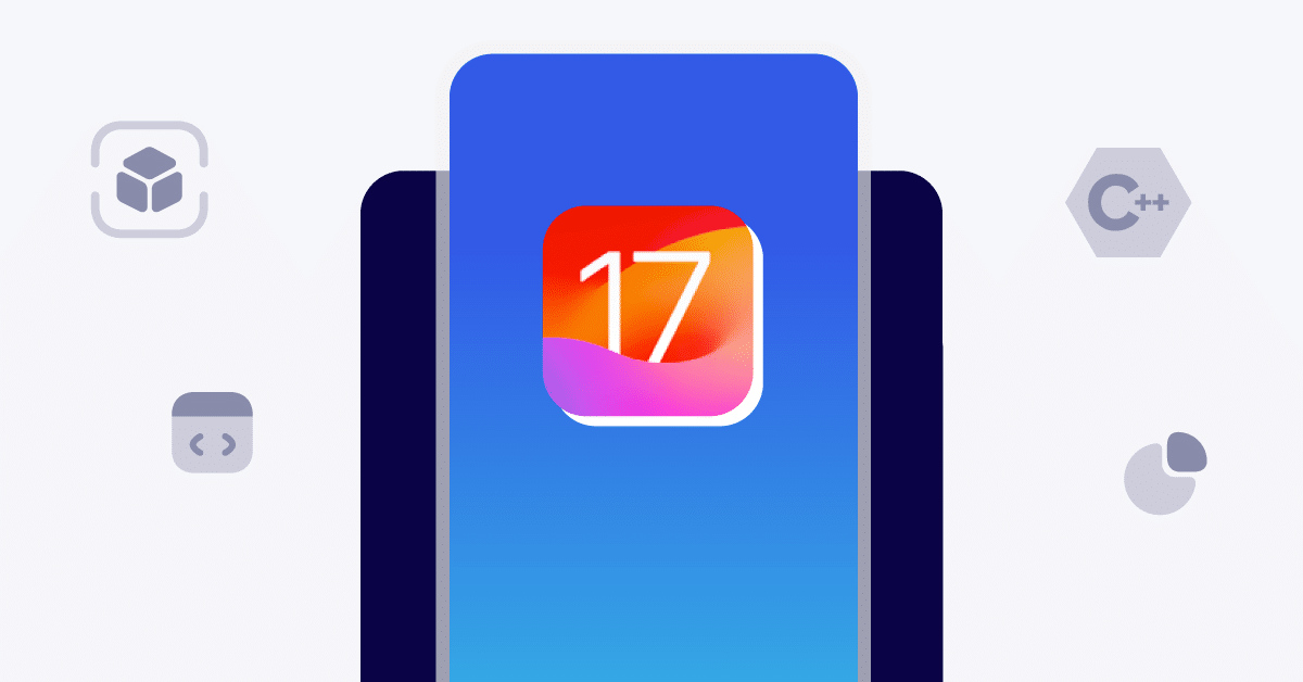 Phone with iOS 17 tile and icons surrounding