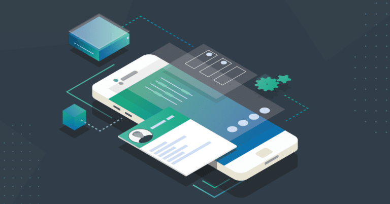 Isometric illustration of a smartphone with abstract apps and technology elements floating around it.