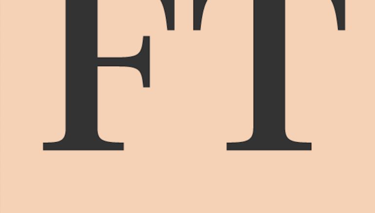 Logo of the Financial Times, featuring bold black letters 'F' and 'T' on a light peach background.