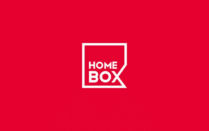 Logo of HOMEBOX, featuring white text and a box outline, set against a vibrant red background.