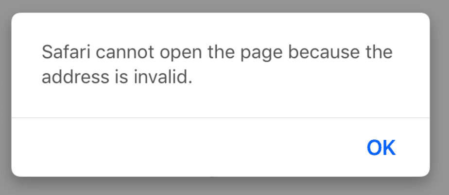 Alert message from Safari browser indicating the page cannot open due to an invalid address, with an "OK" button to dismiss.